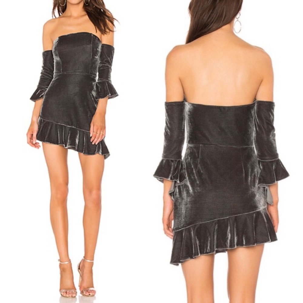 NBD Adelita Grey Velvet off shoulder mini Dress